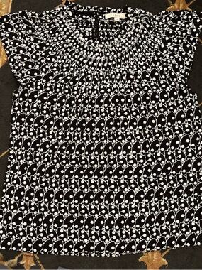 LOFT Black and White Embroidered Cap Sleeve Blouse